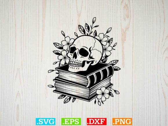 Book Pile with Skull Svg, Floral Skull