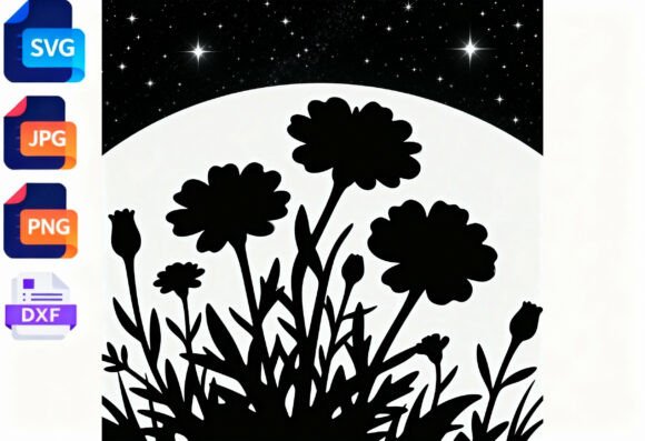 Floral Silhouette SVG Moon Stars Night