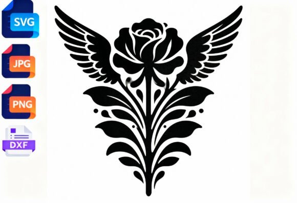 Winged Rose Floral Design SVG DXF PNG